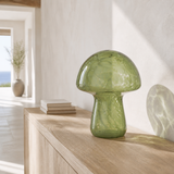Green mushroom glass LED lamp from an alternate coastal angle