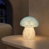Mushroom Glass LED Lamp Small glowing in an evening interior