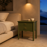 Nelson olive-green bedside table in an evening Mediterranean bedroom