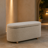Noosa upholstered capsule bench in an evening Mediterranean entry