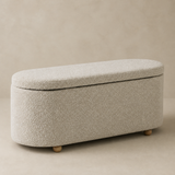 Noosa upholstered capsule bench in warm beige Elara studio