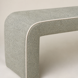 Close-up of Nova bench sage greige upholstery and ivory piping