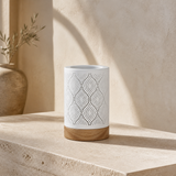 Palm perforated white cylinder lamp in a premium Mediterranean interior