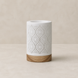 Palm perforated white cylinder lamp in warm beige Elara studio