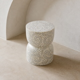 Pavia mother-of-pearl mosaic stool from an elevated alternate angle