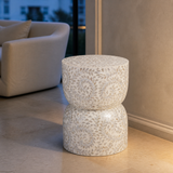 Pavia mother-of-pearl mosaic stool in an elegant evening interior
