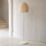 Perline wood bead floor lamp from an alternate three-quarter angle