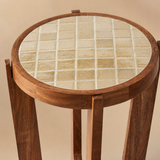 Close-up of the Pietro handmade ivory tile top and warm timber frame