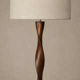 Priya Wood Floor Lamp Walnut carved timber and linen finish close-up