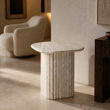 Ravello Beige Marble Side Table in an elegant evening interior