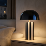 Raya Metal Lamp Navy in a warm minimalist bedroom