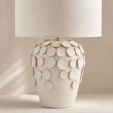 Rickett Ceramic Table Lamp Cream — real linen and ceramic disc detail