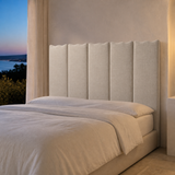 Riviera Queen upholstered bedhead in warm evening interior