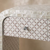 Close-up of Salerno console mother-of-pearl inlay and drawer knob