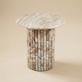 Silvano White Marble Side Table in warm beige studio