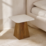 Taormina stone and timber side table — European bedroom lifestyle