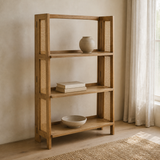 Trieste timber and cane shelf in a European reading corner