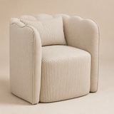 Tullio striped scalloped accent chair in a warm beige studio