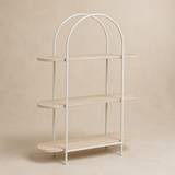 Umbria Natural Oak three-shelf double-arched shelving unit in Elara beige studio
