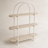 Elevated angle of Umbria Natural Oak shelving unit with exactly three shelves and double arch
