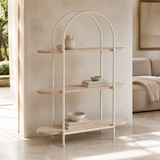Umbria Natural Oak shelving unit with three capsule-ended shelves and double arched ivory frame in a premium Mediterranean interior