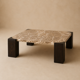 Valencia square coffee table with four espresso wood corner legs in Elara beige studio