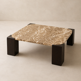Elevated view of Valencia square marble coffee table with exactly four dark wood corner legs