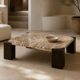 Valencia square coffee table with taupe-beige brecciated marble top and four espresso mango wood corner block legs in a premium Mediterranean interior