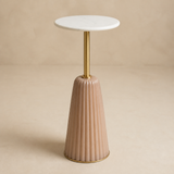 Venetia white marble, brass and blush fluted pedestal side table in Elara beige studio