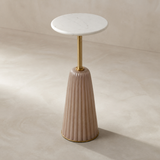 Elevated view of Venetia round white marble side table with one brass stem and fluted pedestal