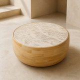 Elevated angle of the Zahara perfectly circular inset marble top and continuous convex mango wood drum base